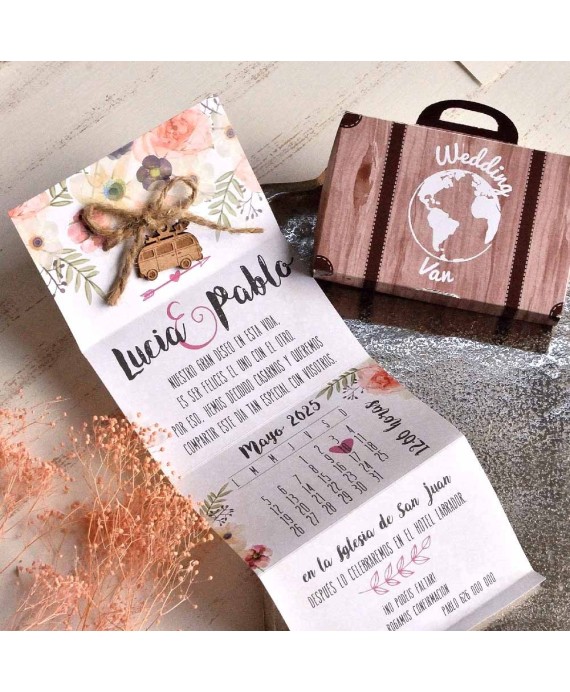 Invitación de boda maleta de madera