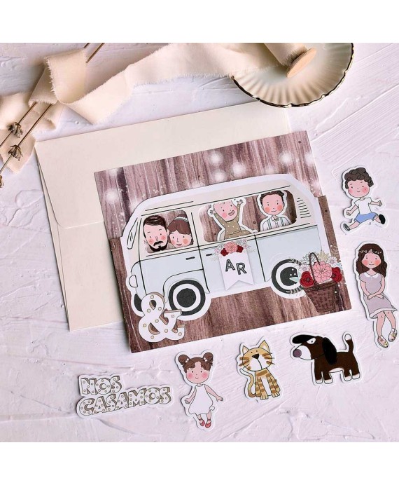 Invitación de boda papa y mama se casan en furgoneta