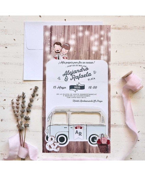 Invitación de boda papa y mama se casan en furgoneta