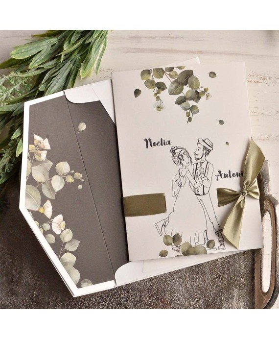 Invitación de boda lazo raso verde