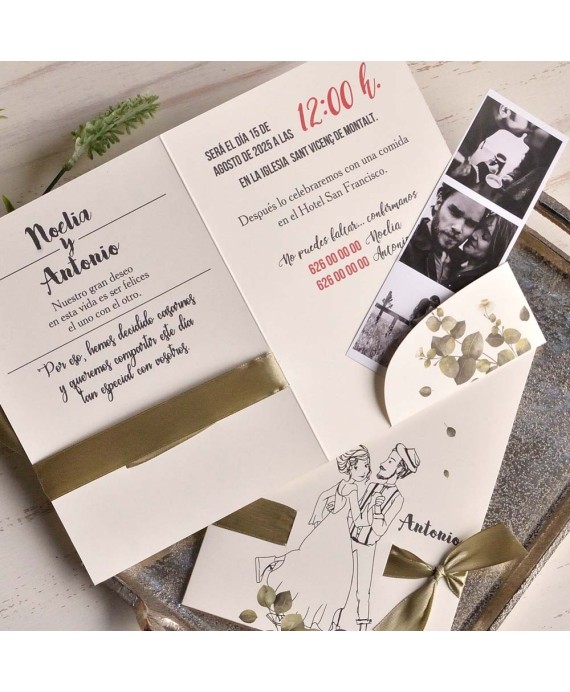 Invitación de boda lazo raso verde