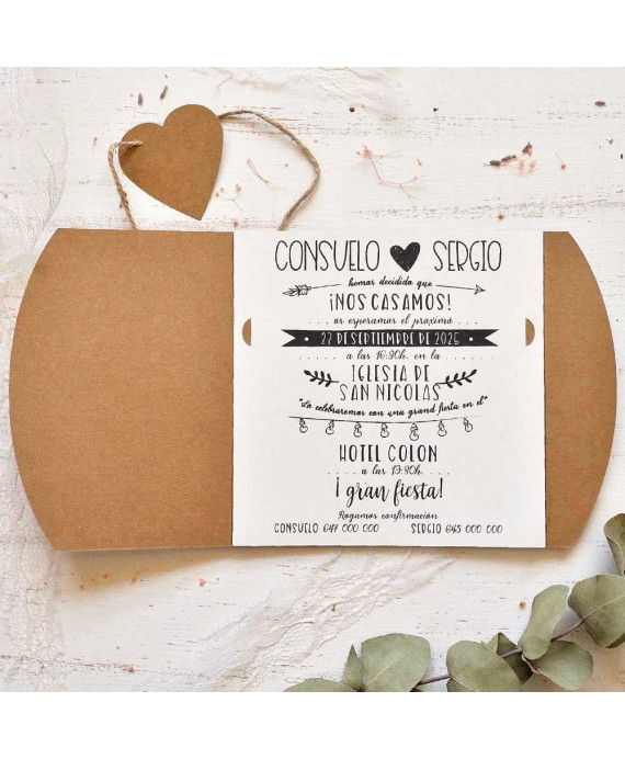 Invitación de boda corazon kraft portada