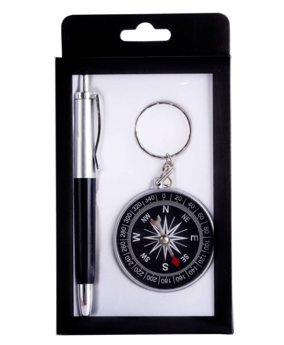 Bolígrafo + brújula en caja pvc