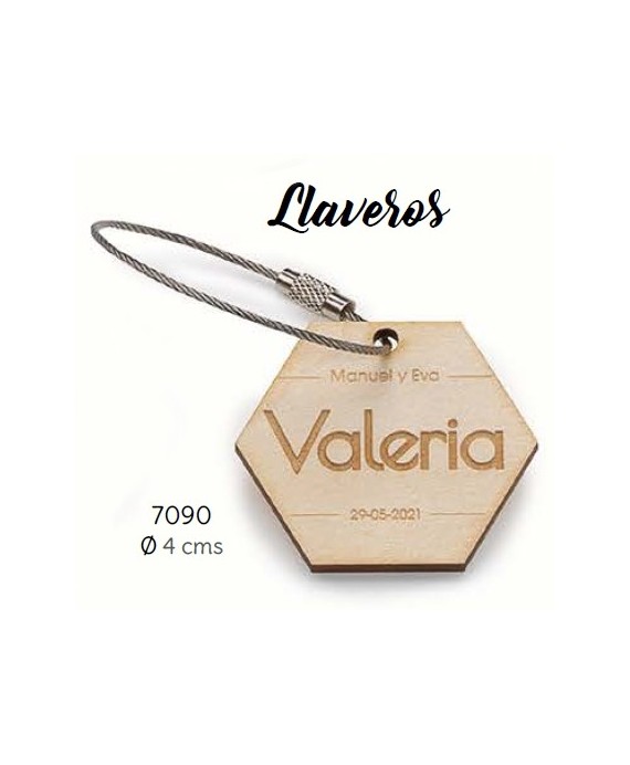 Llavero madera hexágono personalizado nombre invitado/a y novios c/bolsa