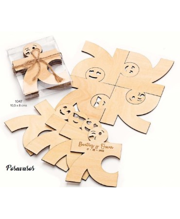 Set 4 posavasos madera caritas c/caja