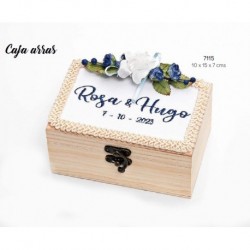 Caja madera arras flor azul con bordado personalizado