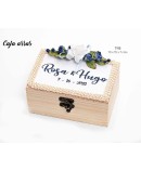 Caja madera arras flor azul con bordado personalizado