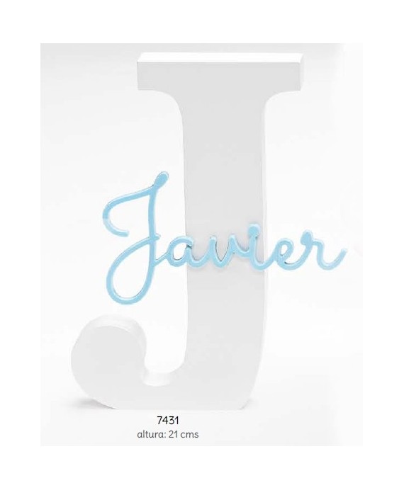 Inicial madera lacada blanca con nombre metacrilato celeste personalizado
