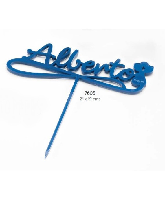 Cake topper cáliz metacrilato azul nombre y fecha personalizado