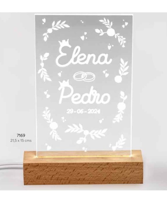 Lámpara flores led metacrilato base madera usb