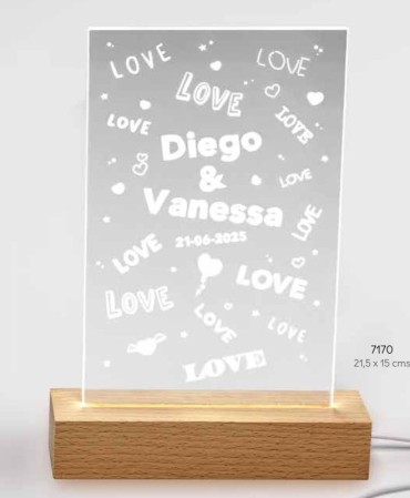 Lámpara "love" led metacrilato base madera usb