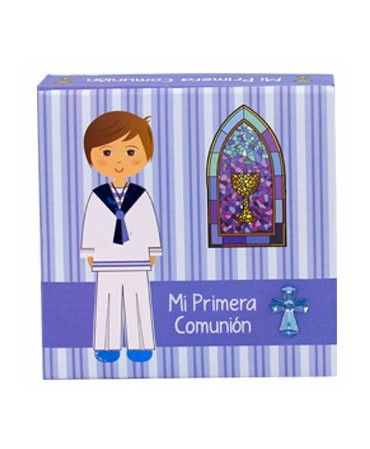 Hojas Blancas Presentadas en Caja Mi Primera Comunión Azul