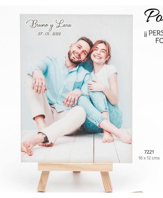 Portafotos caballete mad. personalizado c/foto impresa, nombres y fecha