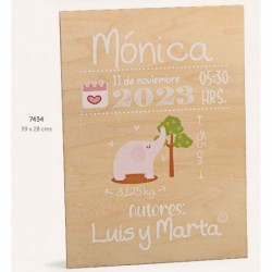 Cartel madera bebé elefante rosa personalizado