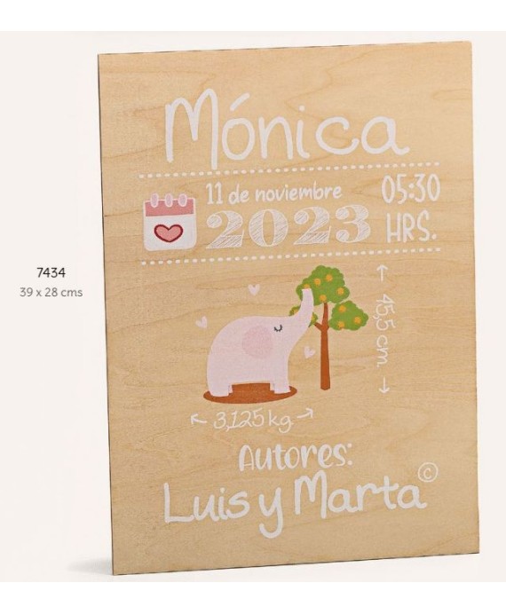Cartel madera bebé elefante rosa personalizado