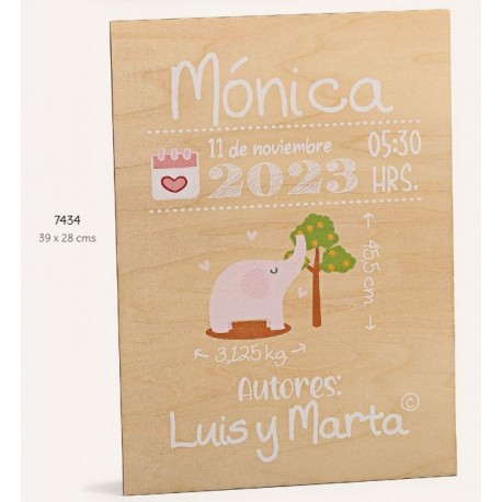 Cartel madera bebé elefante rosa personalizado