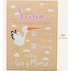 Cartel madera bebé cigüeña rosa personalizado