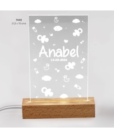 Lámpara bebé niña led metacrilato base madera usb personalizada