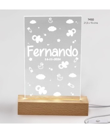 Lámpara bebé niño led metacrilato base madera usb personalizada