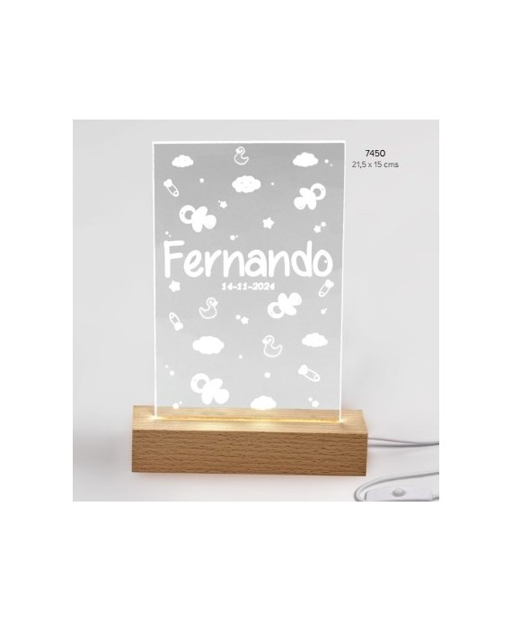 Lámpara bebé niño led metacrilato base madera usb personalizada