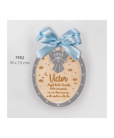 Guardacunas madera plata lazo celeste personalizado