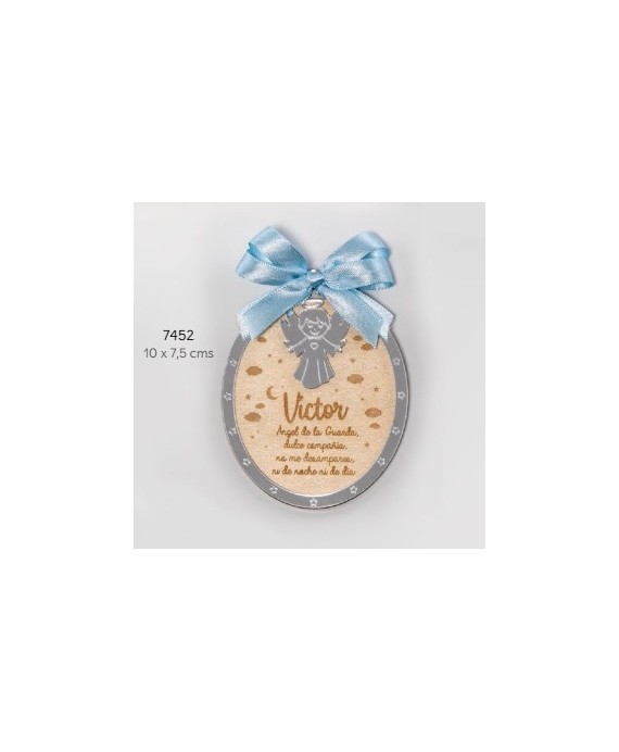 Guardacunas madera plata lazo celeste personalizado