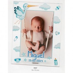 Portafotos metac. bebé celeste personalizado con foto impresa, nombre y fecha