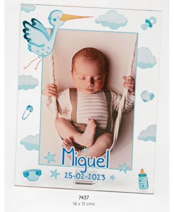 Portafotos metac. bebé celeste personalizado con foto impresa, nombre y fecha