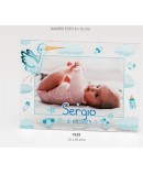 Portafotos metac. bebé celeste personalizado con foto impresa, nombre y fecha