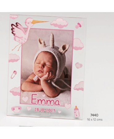 Portafotos metac. bebé rosa personalizado con foto impresa, nombre y fecha