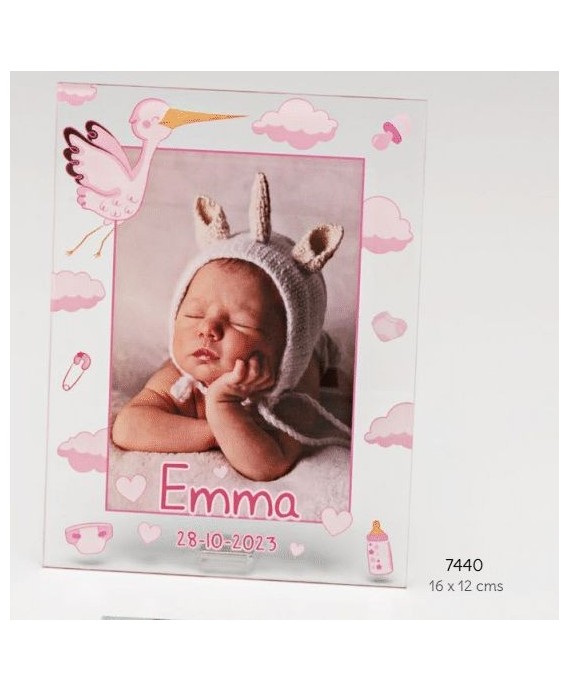 Portafotos metac. bebé rosa personalizado con foto impresa, nombre y fecha
