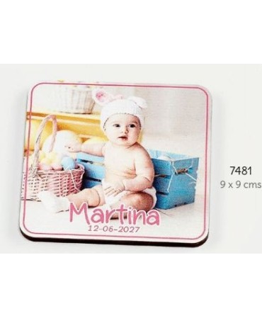 Foto madera con imán bebé niña personalizado c/foto, nombres y fecha