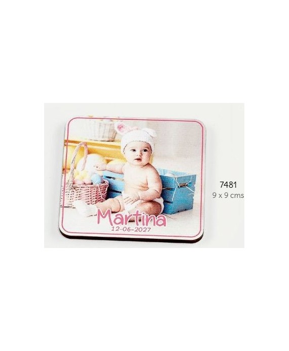 Foto madera con imán bebé niña personalizado c/foto, nombres y fecha