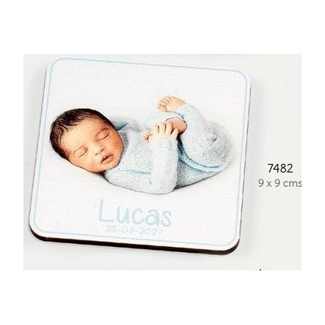 Foto madera con imán bebé niño personalizado c/foto, nombres y fecha