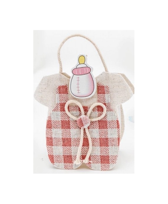 Bolsita trajecito vichy rosa c/pinza biberón y 3 caramelos rosa