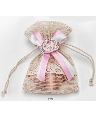 Bolsita cenefa puntilla c/1 jabón y pinza rosa lazo doble raso.