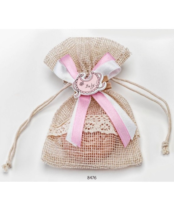 Bolsita cenefa puntilla c/1 jabón y pinza rosa lazo doble raso.