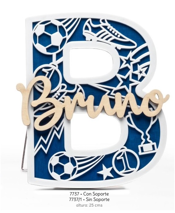 Inicial madera azul y met. blanco con nombre mad. Personalizado