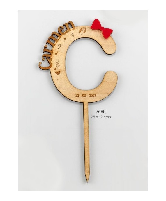 Cake Topper Inicial Nombre Madera y Metac. Fucsia Personalizado