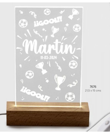 Lámpara Fútbol Led Metacrilato Base Madera USB Personalizada
