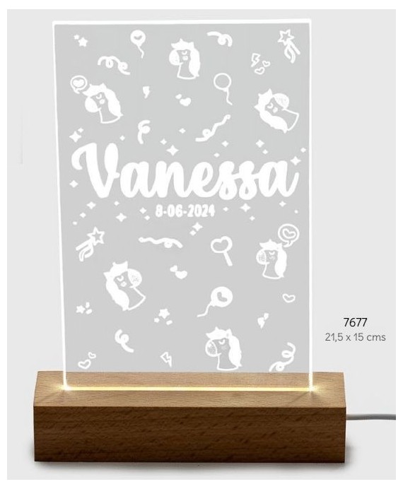 Lámpara Unicornios Led Metacrilato Base Madera USB Personalizada