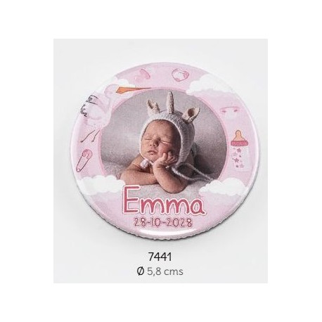 Chapa alfiler foto bebé rosa personalizada