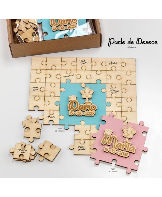 Puzle de deseos madera bebé celeste personalizado