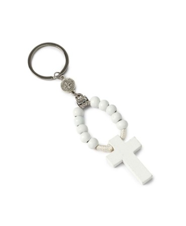 Llavero rosario de madera blanco 11cm.