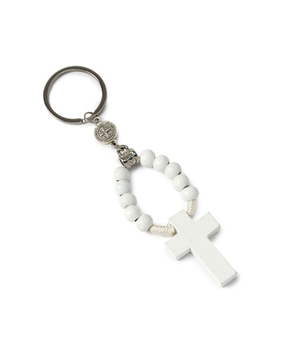 Llavero rosario de madera blanco 11cm.