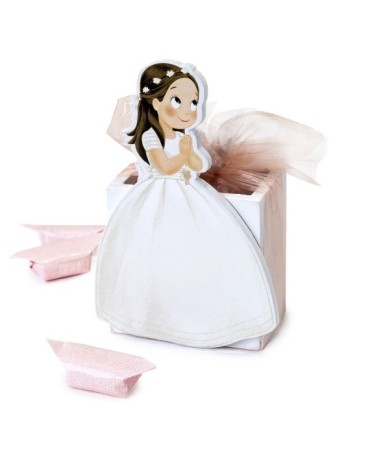 Portalápices madera niña Comunión vestido largo 9 caramelos