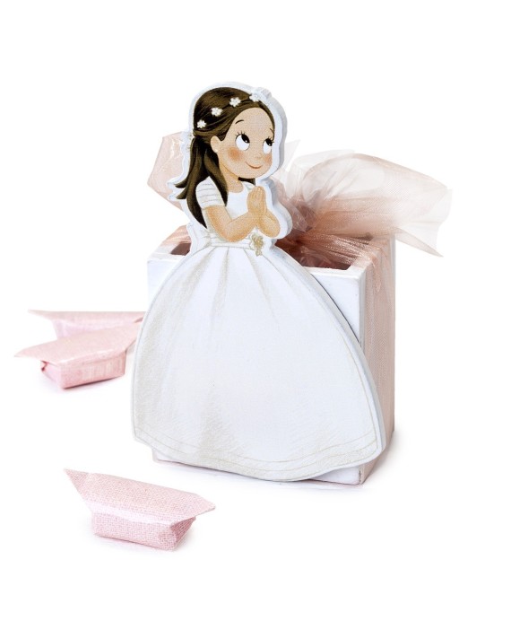 Portalápices madera niña Comunión vestido largo 9 caramelos