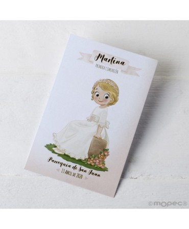 Estampa niña Comunión sentada en banco, precio 25u.