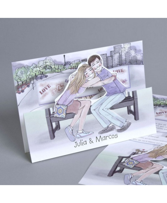 Invitación de boda novios banco