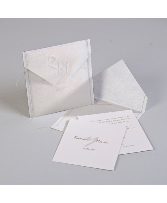 Invitación de boda cosida blanca